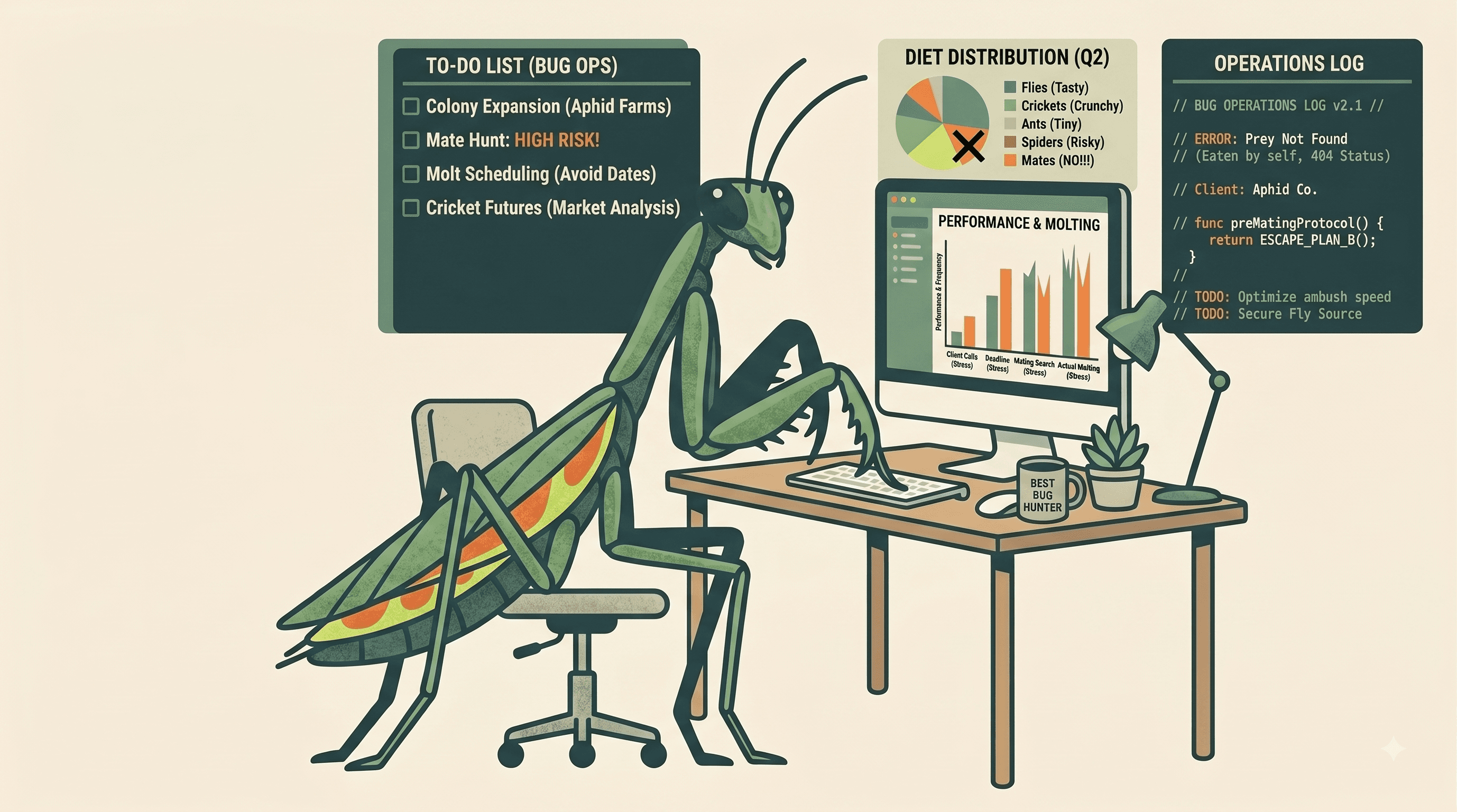 Illustrated praying mantis at a desk running Bug Ops — Mantis Theory studio personality